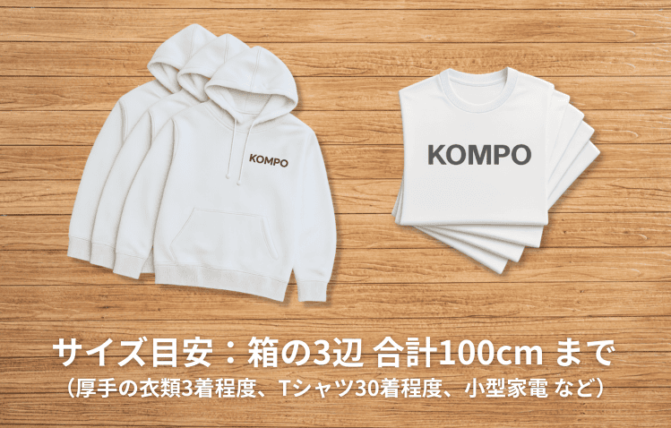 サイズ目安：箱の3辺 合計100cm まで（厚手の衣類3着程度、Tシャツ30着程度、小型家電 など）